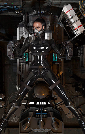 Digital art, top view of a busty woman in a light reflecting catsuit tied down to a rusty scifi device table.