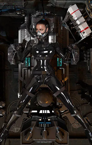 Digital art, top view of a busty woman in a light reflecting catsuit tied down to a rusty scifi device table.