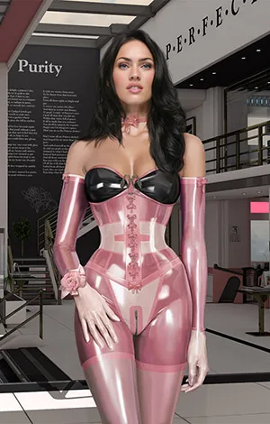 Digital art representation of a black haired life-like female android (Meg) squeezed into strapless pink latex lingerie, standing inside an office canteen, with texts like -purity- and -perfection- on the walls.