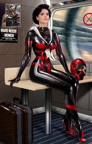 Pin-up of a dark haired young woman sitting stoic in a futuristic subway, dressed and corsetet in a black and red colored latex catsuit and body, wearing rubber opera-gloves and high-heels.