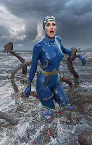 Digital art. Wonder Woman, in her tight-fitting blue rubber wetsuit, finds herself in the middle of the ocean caught up in the loving tentacle embrace of a playful sea creature.